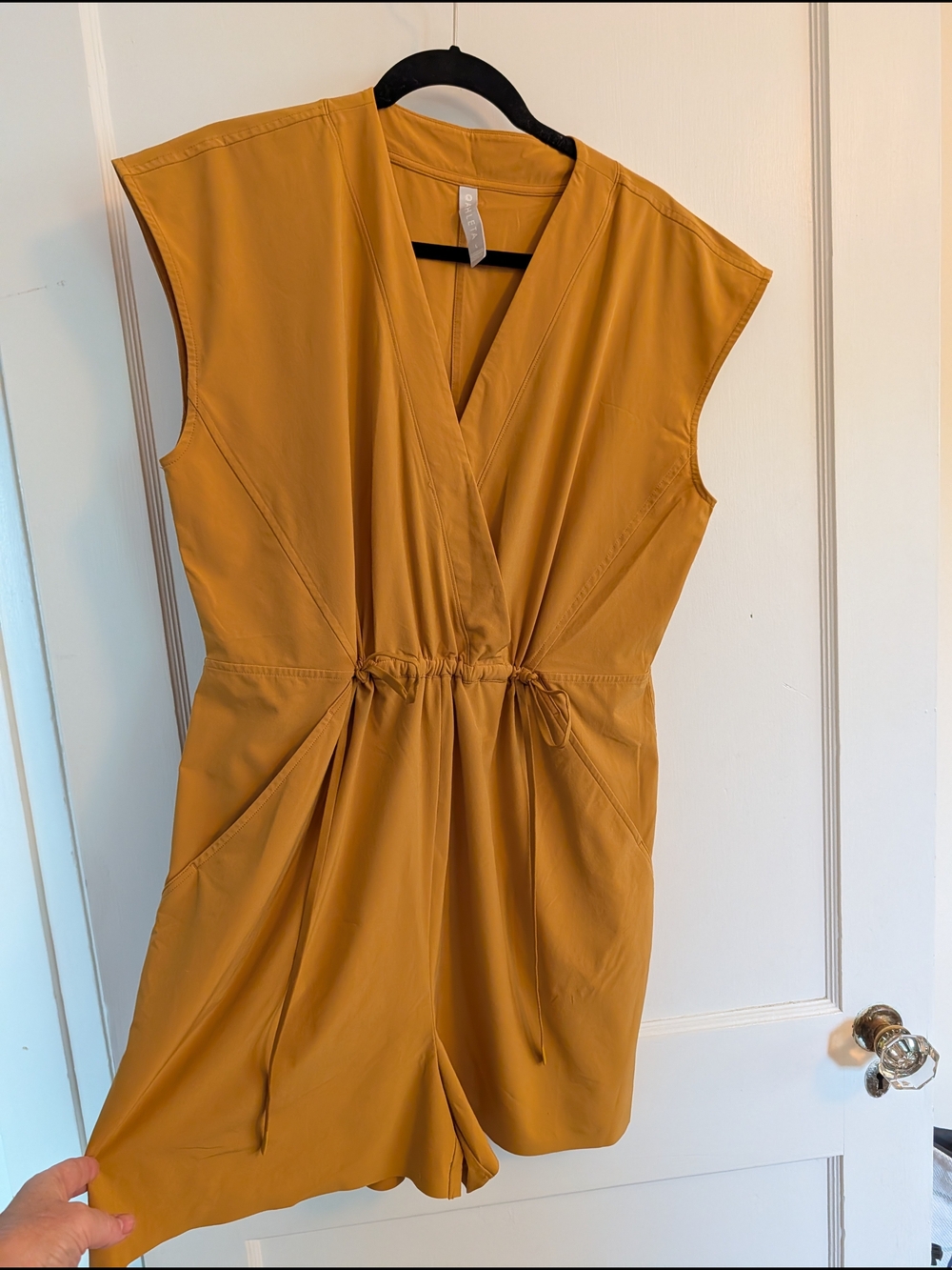 Athleta Mustard Sleeveless V-Neck Drawstring Waist Romper
